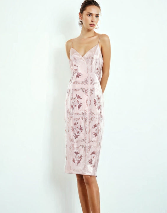 Pure Silk Pattern Slip Dress Pink