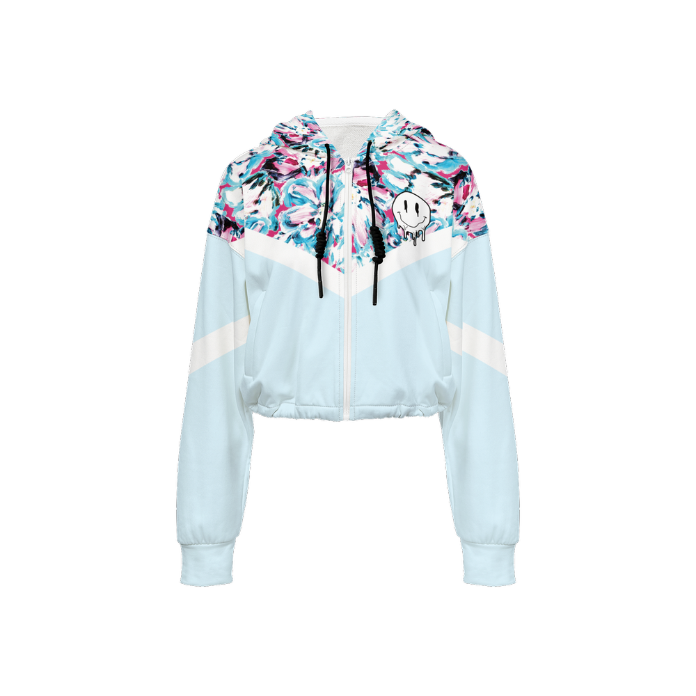 Pale Blue Floral Cropped Bomber Jacket