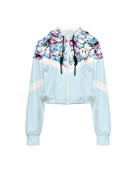 Pale Blue Floral Cropped Bomber Jacket