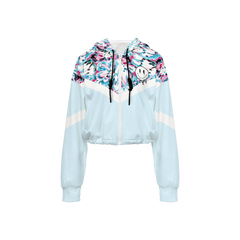 Pale Blue Floral Cropped Bomber Jacket