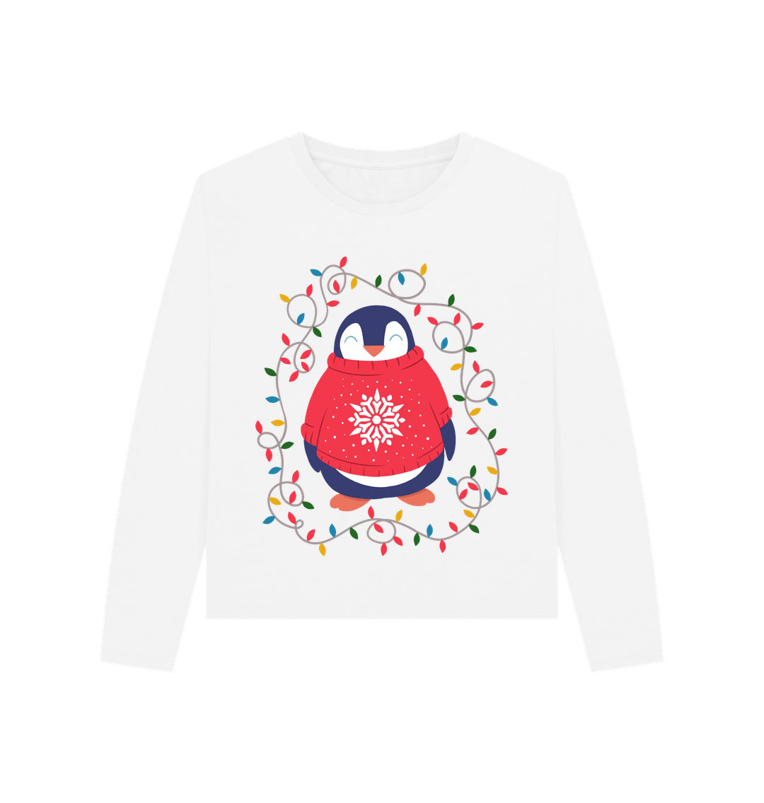 Christmas Penguin Printed Long Sleeve T Shirt White