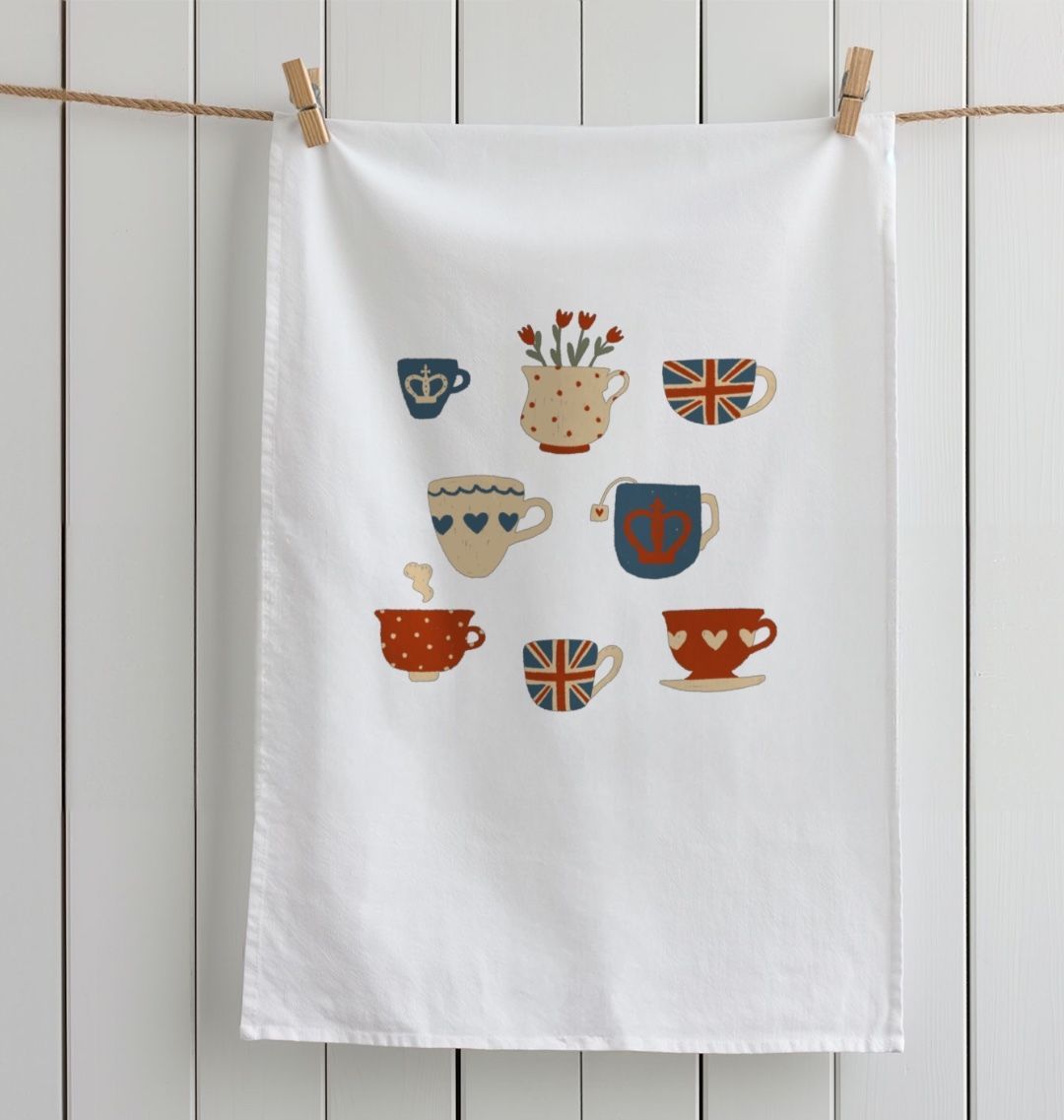 British Tea Cups Organic Cotton Tea Towel