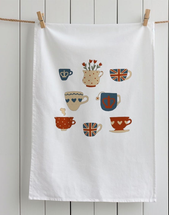 British Tea Cups Organic Cotton Tea Towel