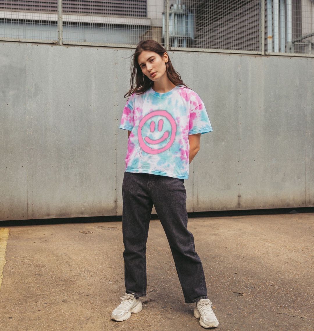 Retro Smiley Face Tie Dye Boxy T Shirt Organic