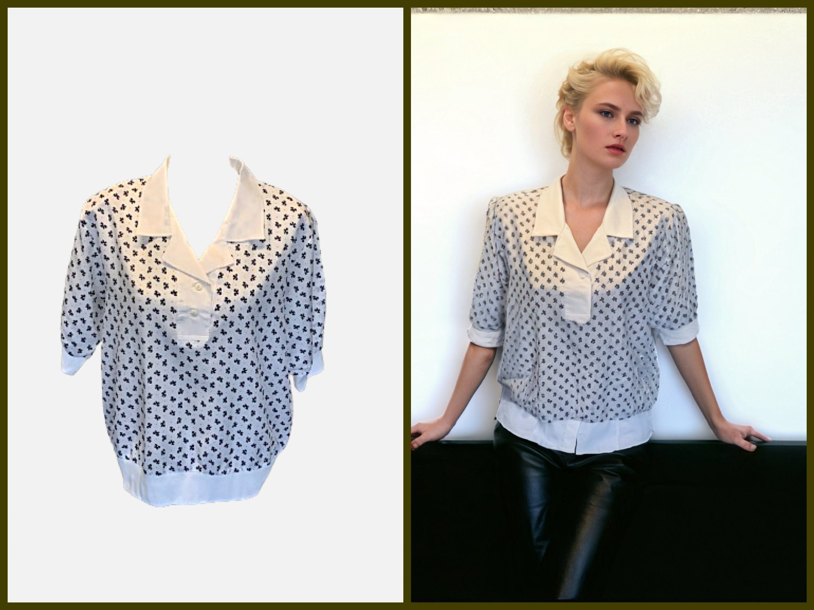 80s Vintage Short Sleeve Blouse With Shoulder Pads