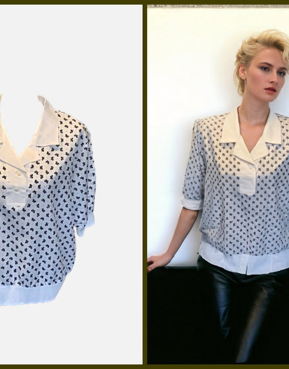 80s Vintage Short Sleeve Blouse With Shoulder Pads