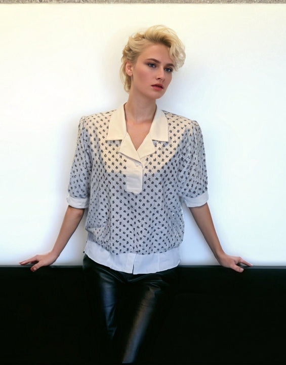 80s Vintage Short Sleeve Blouse With Shoulder Pads