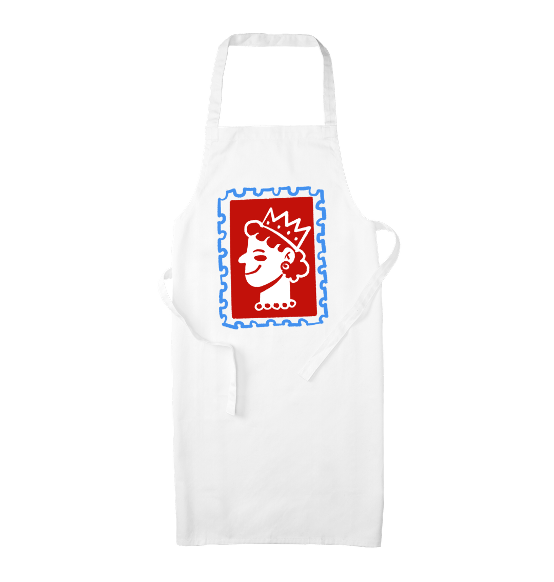 British Queen Stamp Organic Cotton Kitchen Apron White One Size