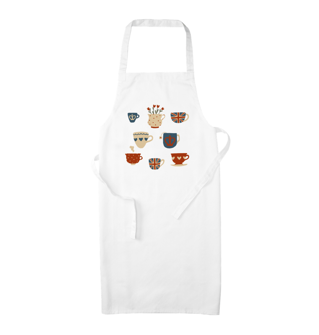 British Tea Cups Organic Cotton Kitchen Apron White One Size