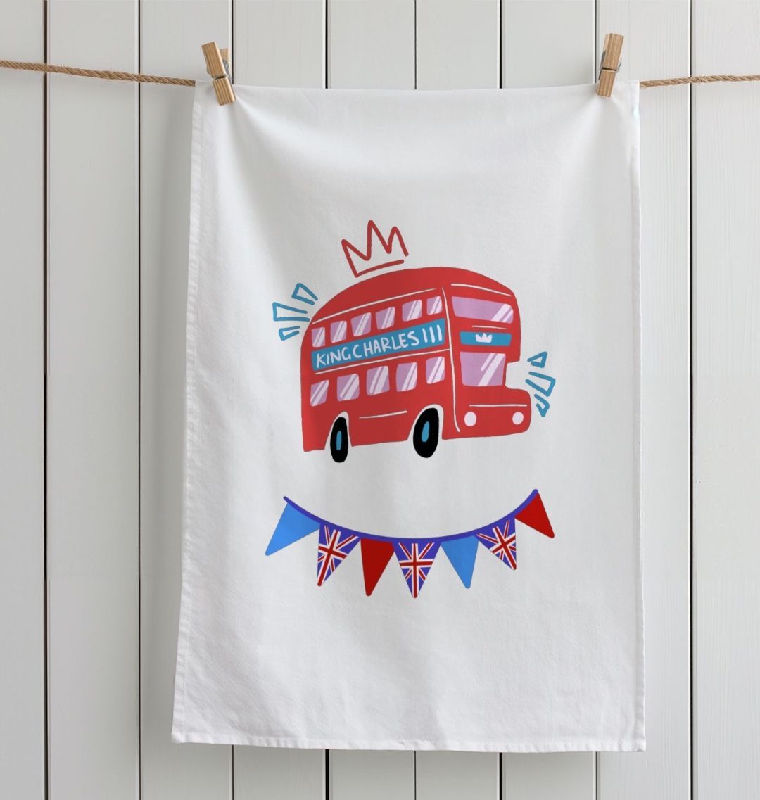 King Charles London Bus Organic Cotton Tea Towel