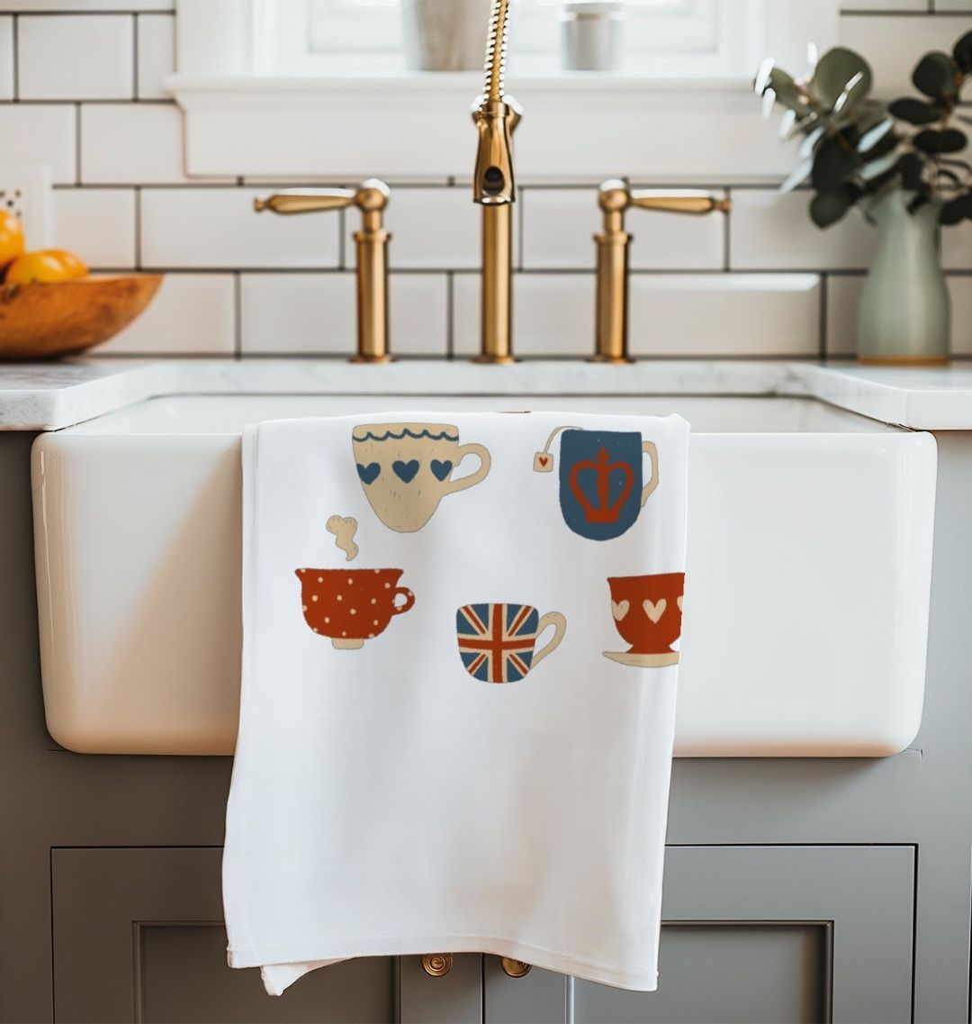 British Tea Cups Organic Cotton Tea Towel