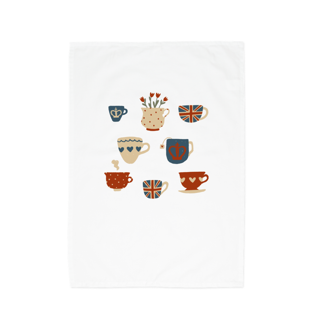 British Tea Cups Organic Cotton Tea Towel White One Size